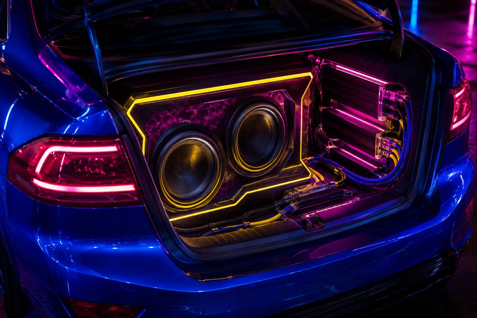 Maletero con subwoofers, amplificadores y cableado de competicion