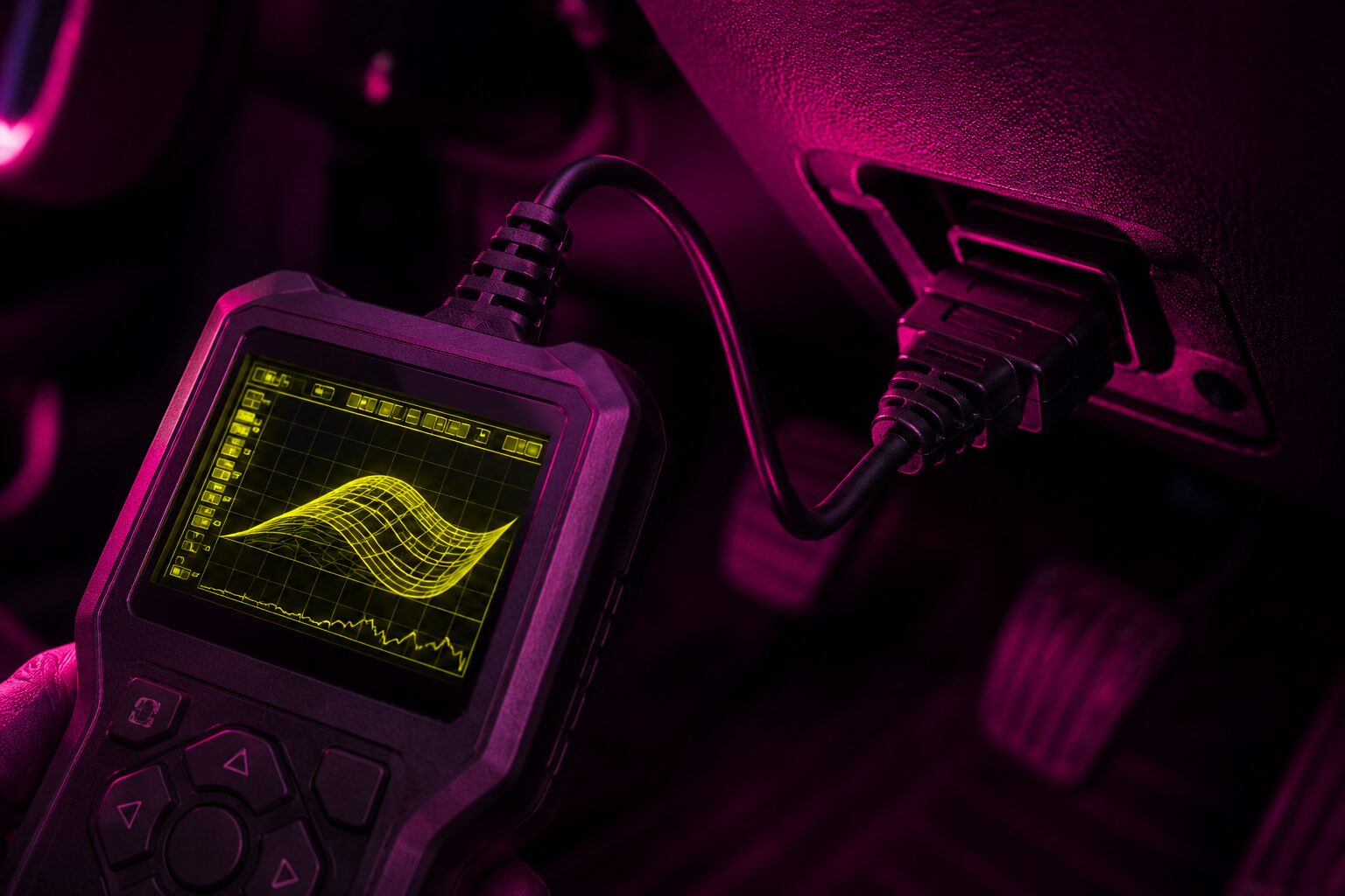 Interfaz OBD conectada al puerto de diagnostico de un coche