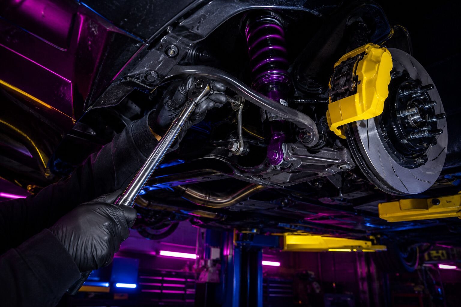 Coilover con muelle morado y pinza amarilla sobre puente elevador