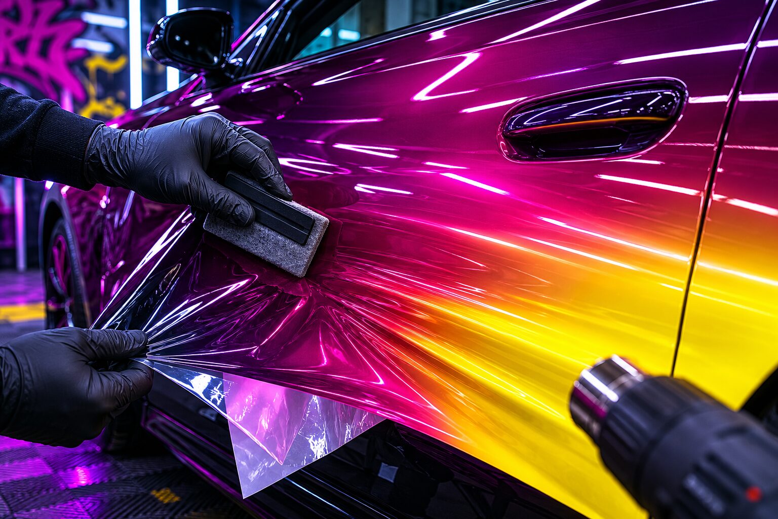 Manos instalando un vinilo morado-amarillo sobre puerta de coche