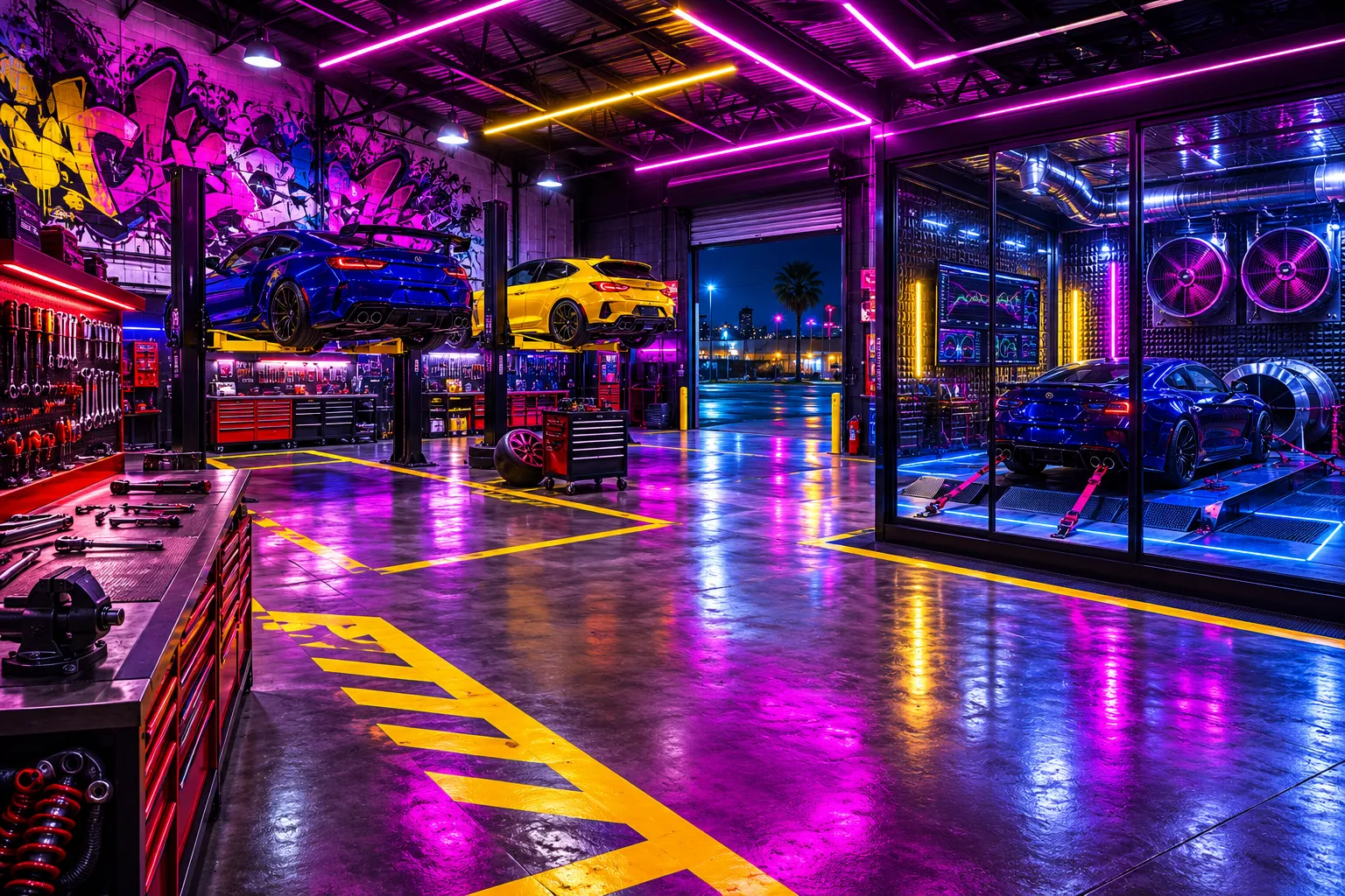 Interior del taller Kartel RPM con elevadores y banco de potencia